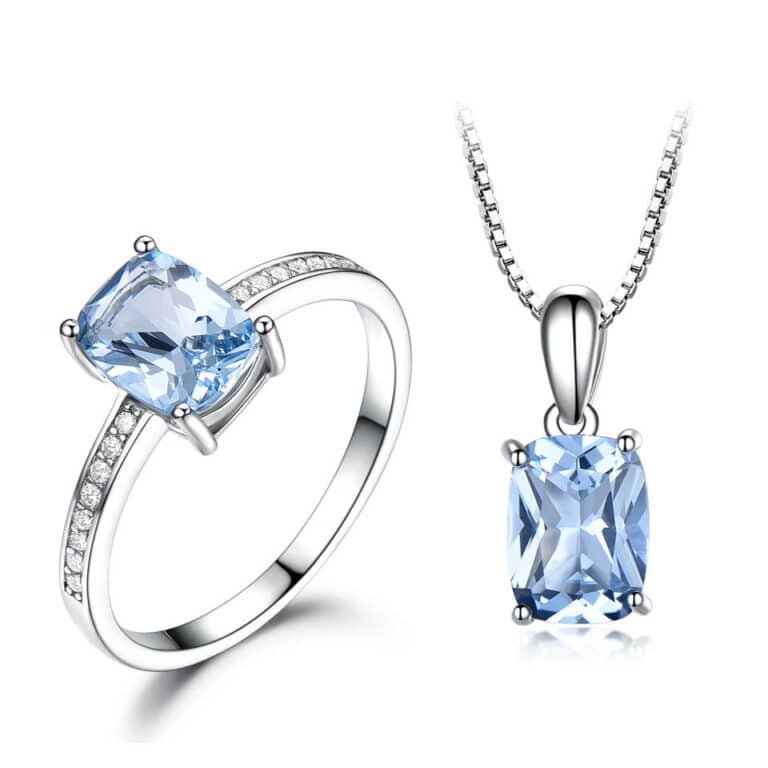 S014B-1 Aquamarine cushion jewelry set of pendant & ring