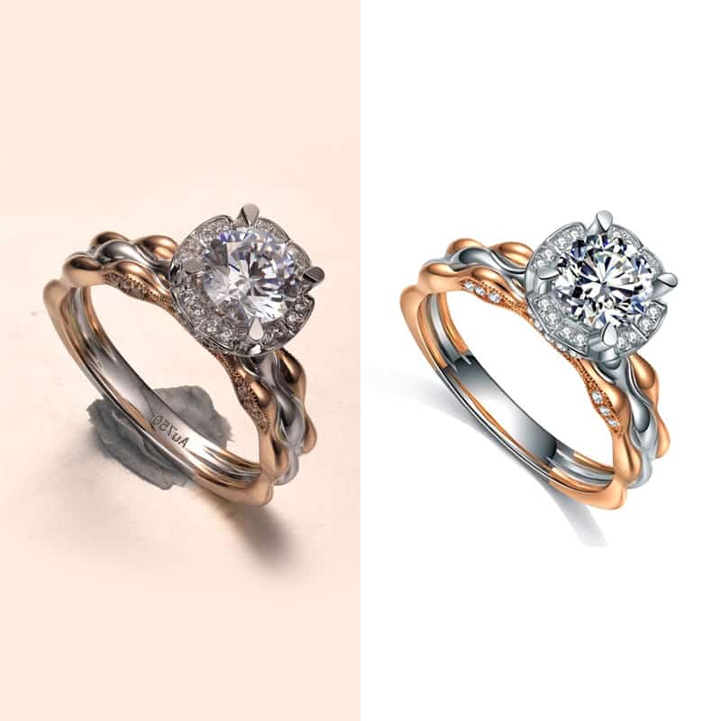 Photograph photos edits comparsions rose gold and white gold moissanite engagement ring 4 prongs