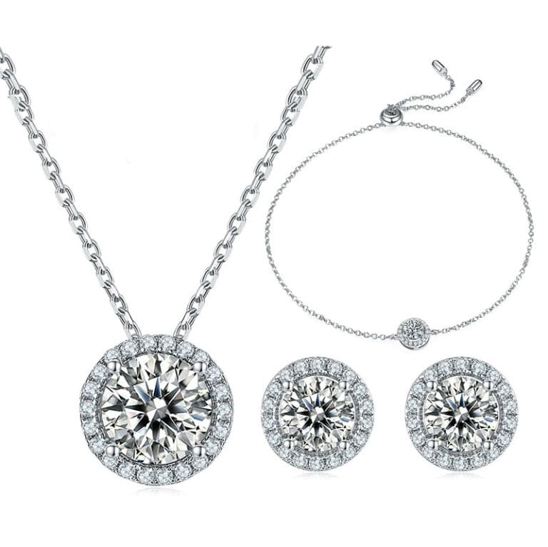 T16A-1 2_1 Round 1.0ct halo settings GRA Moissanite jewelry set with necklace and bracelet and stud earring