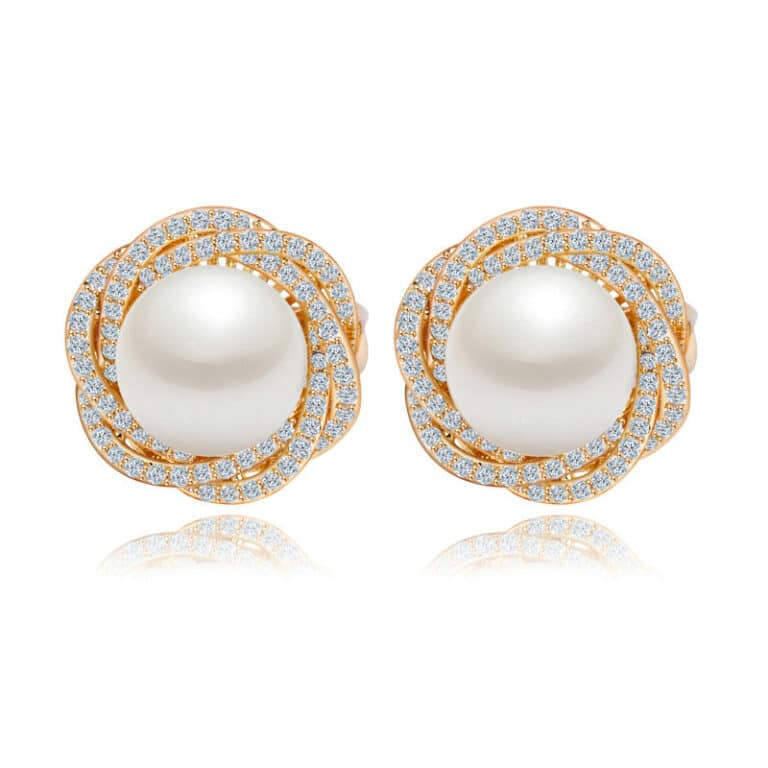 PES028_0001 Natural 5A freshwater pearl stud earring with CLear AAACZ micropaved prong settings