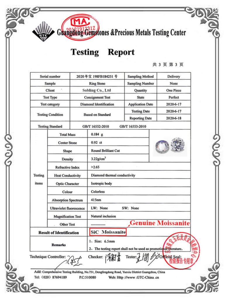 GTC Certificated Genuine Moissanite Test Report_1
