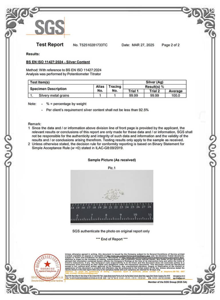 SGS-Certificated-999-Silver-Grain-Content-Test