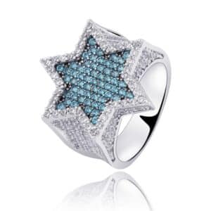 Sobling Blcak rhodium plating Hexagram Star Ring Micro Paved Aquamarine CZ Spinel Shiny Hip Hop Finger wedding Ring for Men & Women Gift