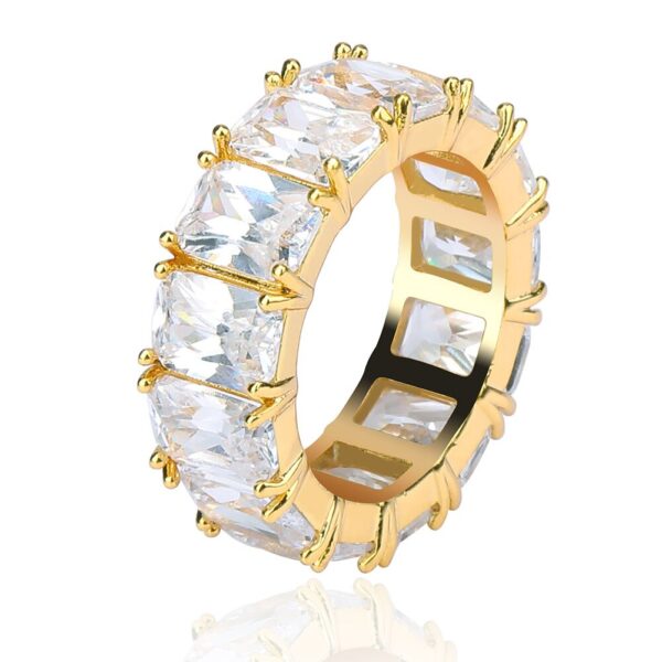 Sobling Iced Out bling Fashion Hip Hop eternity finger Ring band Jewellery 18K yellow Gold color 6x8mm Emerald clear 3A CZ prong settings