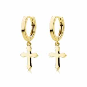 Sobling Trendy polished circle hoop Earrings with dangling drop Cross Simple style ear clip buckle Jewelry For women Girls yellow gold color