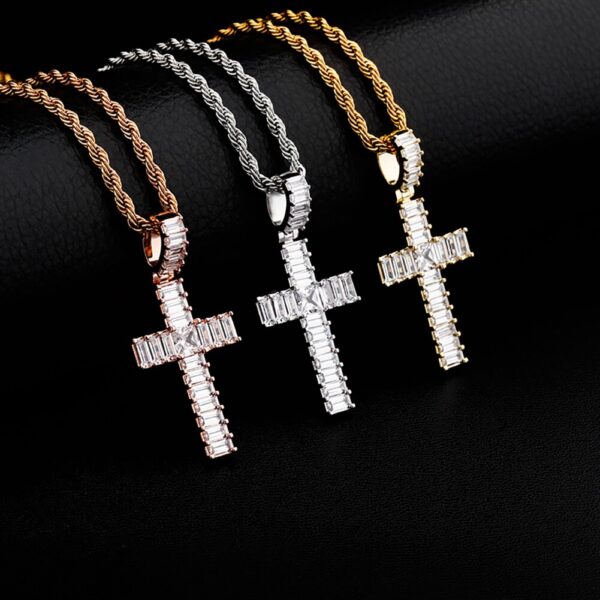 Sobling Newest Iced Out clear AAA Baguette Cubic Zirconia religion christian Cross Pendant Necklace Hip Hop bling Jewelry For Men and Women Gift