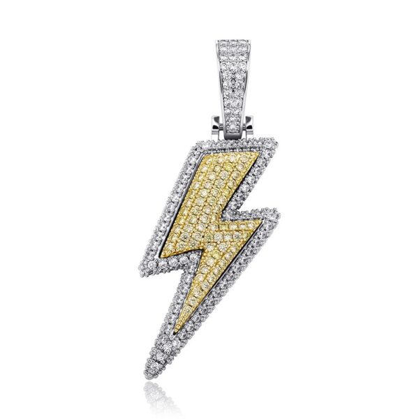 Sobling Iced Out bling BIG thunder lightening Pendant necklace With 6mm steel polished cuban link chain Men's Hip Hop Jewelry yellow gold color