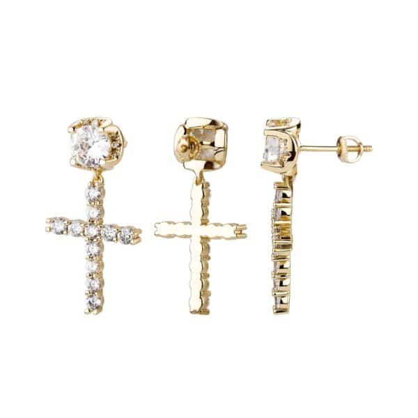 Sobling supply 8mm round 3A Cubic Zircon Cross drop Earring Personality Iced Out jesus religion Jewelry yellow gold color from china factory