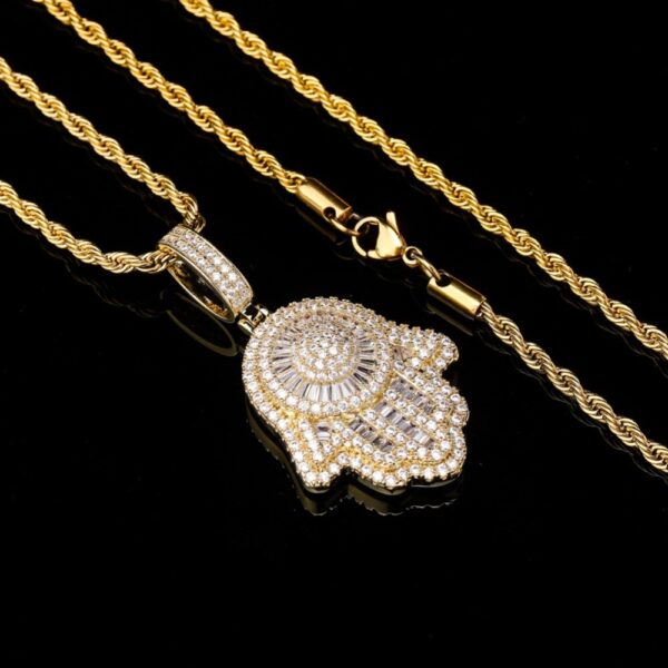 Sobling Iced out bling Clear baguette CZ paved hamasa hand / fatima hand pendant Necklace With 2mm steel rope Chain Prong Setting Hip hop Jewelry