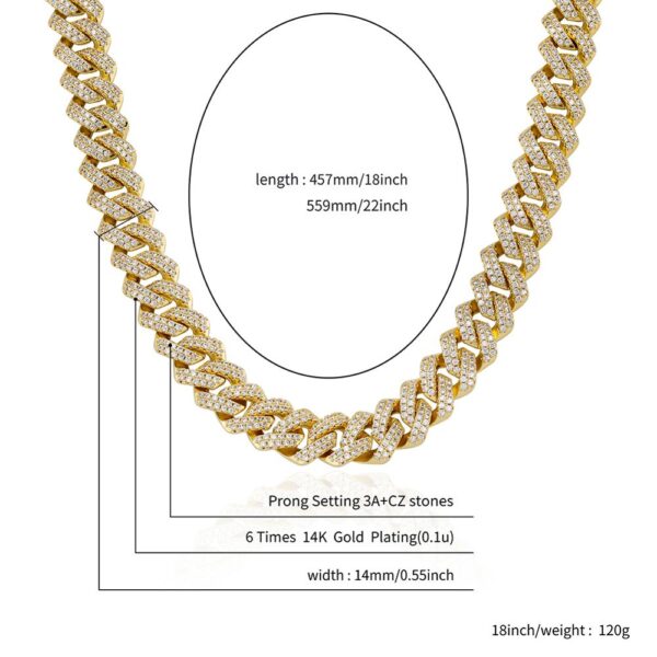 Sobling jewelry factory direct sales 14mm Miami Cuban Chain Necklace With Spring Clasp Full Iced Out Hip Hop Fashion Jewelry yellow gold color