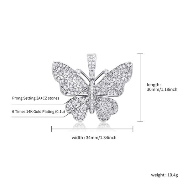 Sobling supply HIP HOP Butterfly Pendant white Gold Color Iced Out bling Cubic Zirconia paved necklace with 5mm rope chain Jewelry For Men
