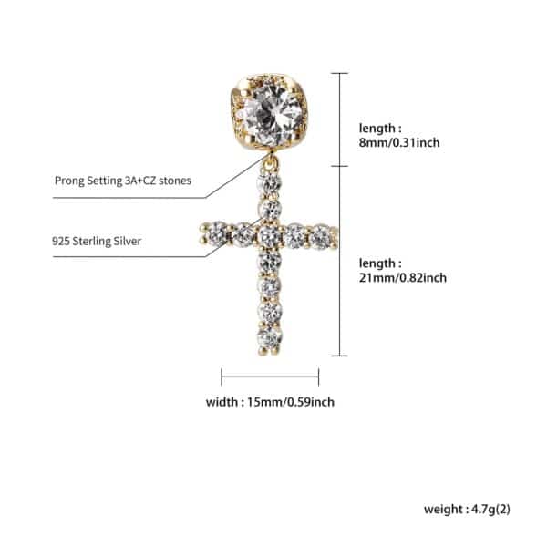 Sobling supply 8mm round 3A Cubic Zircon Cross drop Earring Personality Iced Out jesus religion Jewelry yellow gold color from china factory