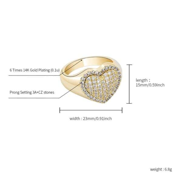 Sobling factory sales Hip Hop Fashion Love heart Ring Copper Gold Color Iced Out bling Micro Pave CZ Charming jewelry for Mens Women