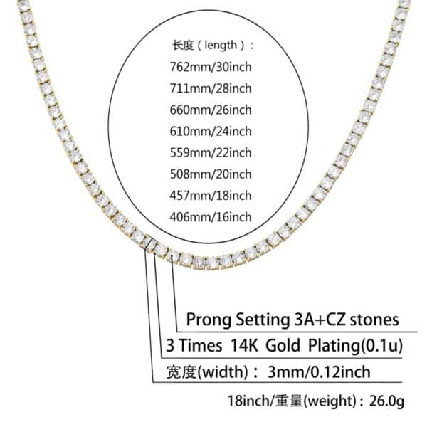 Sobling jewelry manfacturer Hip Hop Iced Out 2/3/4/5/6mm Tennis Chain Necklace Spring buckle clasp 4 prongs Cubic Zircon settings with rose gold plating
