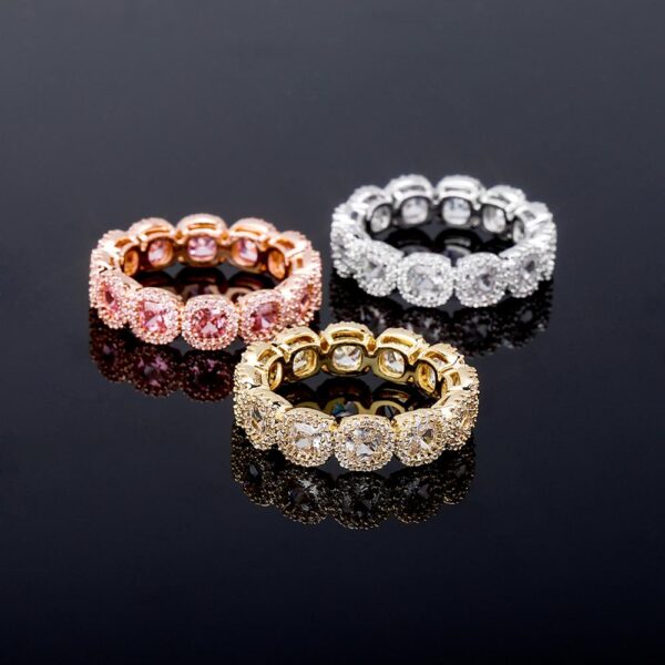 Sobling wholesale 4mm Clear 3A cushion CZ eternity Rings band Iced Out bling Micro Pave halo yellow Gold Color Hip Hop Jewelry