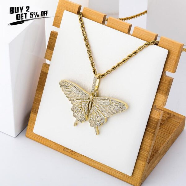 Sobling manufacture newest big butterfly pendant Iced Out bling Cubic Zircon paved Necklace yellow Gold Plated hiphop Jewelry for Women and girl