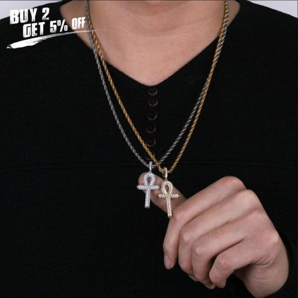 Sobling Solid Ankh Cross Pendant Cubic Zircon Chains Hip Hop Micro Pave CZ jewelry Egyptian Style Necklace with 4mm polished rope chain from china factory