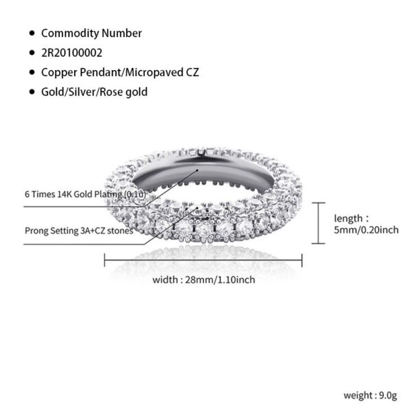 Sobling luxury 5mm eternity finger ring band with 3 rows of CZ wax prong settings fully Iced Out bling Micro Paved Hip Hop mens Jewelry