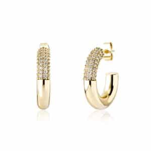 Sobling jewelry factory wholesale C hoop stud earring High Quality clear AAA Cubic Zircon half paved and half polished yellow gold plated