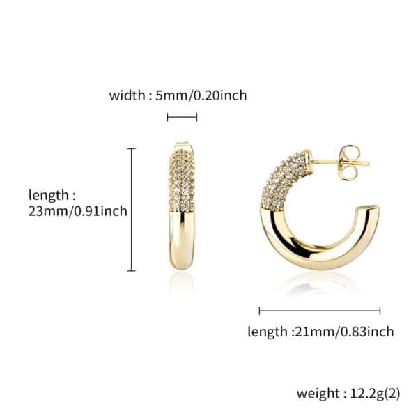 Sobling jewelry factory wholesale C hoop stud earring High Quality clear AAA Cubic Zircon half paved and half polished yellow gold plated