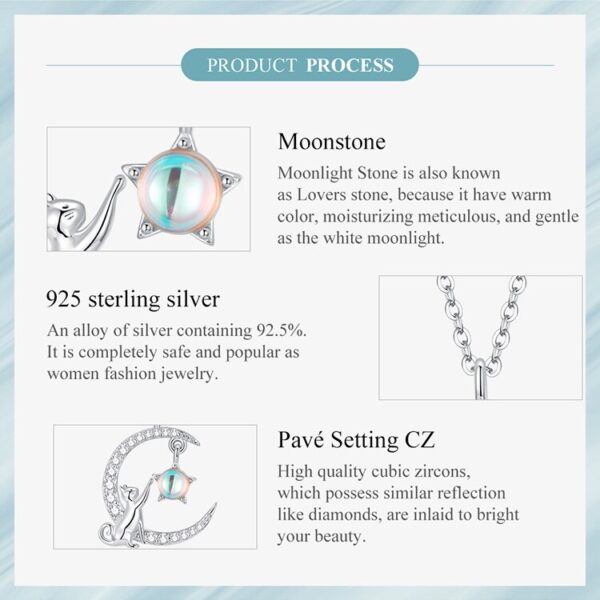 Sobling genuine 925 Sterling Silver Cat Moon Cute Pet Animal Pendant with rainbow round moonstone and CZ Necklaces Plated Platinum Women Party Fine Jewelry Gift