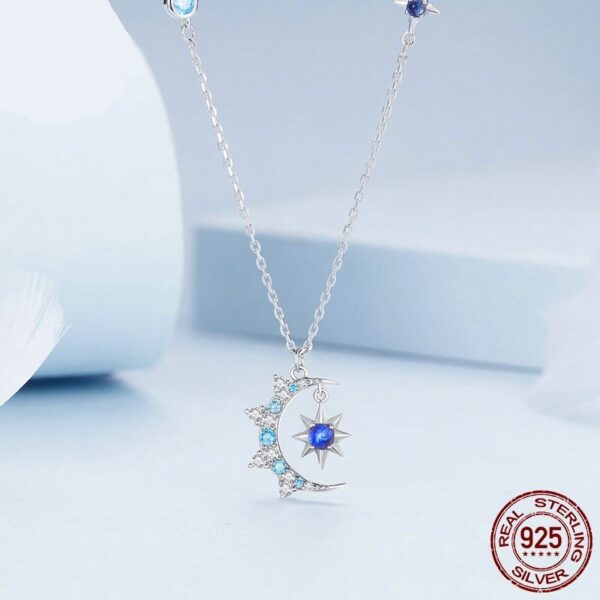 Sobling 100% 925 Sterling Silver Moon And Star Burst Pendant Necklace Aqua and sapphire synthetic gems Plated Platinum Fine Jewelry for Women Party