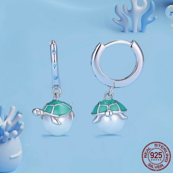 Sobling 925 Sterling Silver round hoop Earrings with Aqua enamel sea turtle cap freshwater pearl dropped and bezel settings sapphire corundum by Platinum color For Women