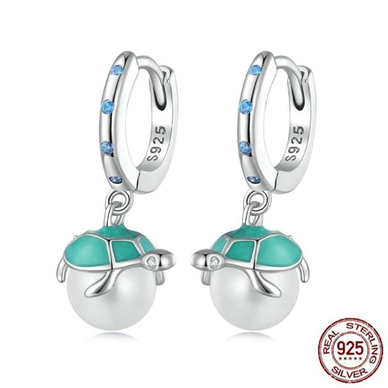 Sobling 925 Sterling Silver round hoop Earrings with Aqua enamel sea turtle cap freshwater pearl dropped and bezel settings sapphire corundum by Platinum color For Women