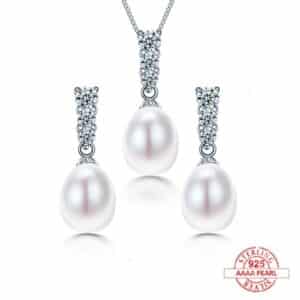 Sobling bridal women geometric long bail natural freshwater teardop dangling pearl jewelry set with 925 sterling silver and white rhodium plating