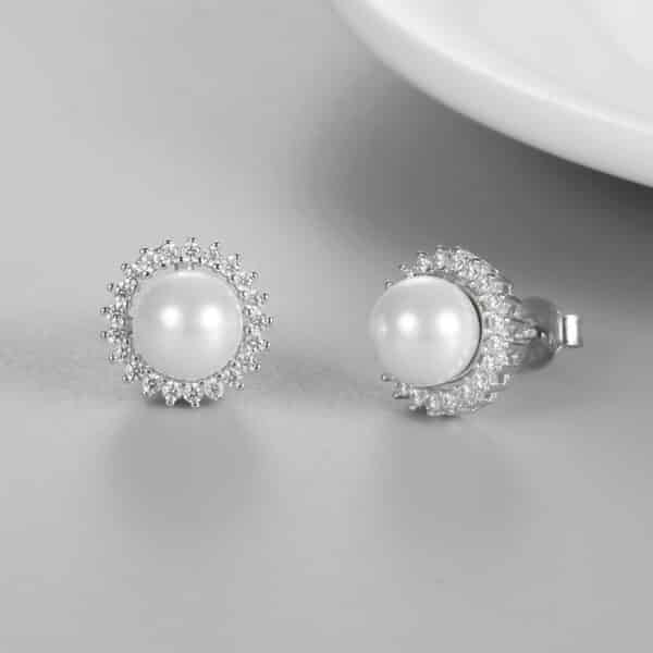 Sobling Natural White freshwater 4-6mm round Pearl 6 pairs of halo stud Earring sets with clear 3A micropaved CZ made from 925 Sterling Silver for Women white rhodium plating