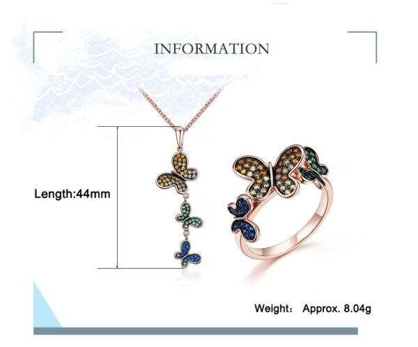 Sobling Elegant 3pcs Butterfly Jewelry Sets 925 Sterling Silver Rings and dangling Pendant Necklace with colorful CZ paved For Women Wedding Gift Fine Jewelry
