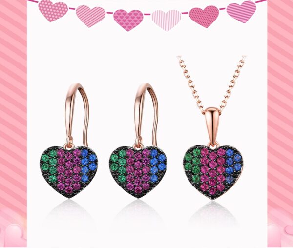 925 Sterling Silver Heart shape Jewelry Sets with paved green ruby and sapphire synthetic corundum Pendant Necklace fishhook Drop Earring for women Wedding Fine Jewelry
