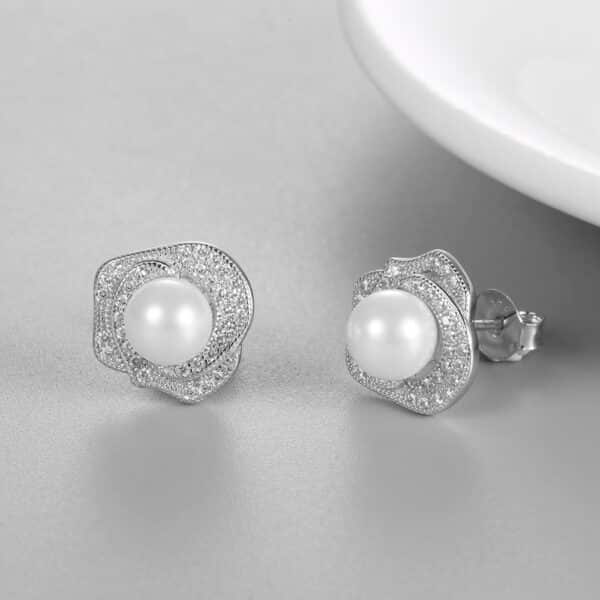 Sobling Natural White freshwater 4-6mm round Pearl 6 pairs of halo stud Earring sets with clear 3A micropaved CZ made from 925 Sterling Silver for Women white rhodium plating