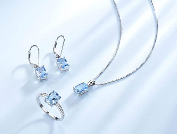 Sobling jewelry factory wholesale Sterling Silver 3pcs Jewelry Set Aquamarine Sky Blue rectangle cushion Topaz with clear 3A CZ Paved on Ring shank Pendant and Stud Earrings box chain Necklace For Women Gift