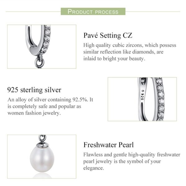 Sobling 100% Pure 925 Sterling Silver Clear 3A CZ paved U hoop Earrings with Graceful natural Freshwater teardrop Pearl dangling