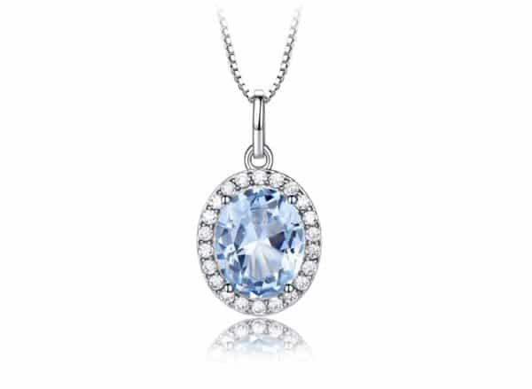 Sobling customized Sky Blue oval Topaz Gemstone aquamarine halo Jewelry Sets for Women Sterling Silver Promise Engagement halo Ring box chain Pendant Necklace Stud Earrings with paved Clear CZ