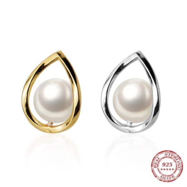 Sobling teardrop Shape stud Earring with Round Freshwater pearl pure 925 Sterling Silver white rhdium / yellow gold plating For Women Wedding Statement Jewelry