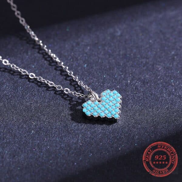 Sobling Real 925 Sterling Silver Vintage Heart shape Mosaic block style synthetic Turquoise Pendant Necklace for Women Family Gifts Fine National Style Jewelry