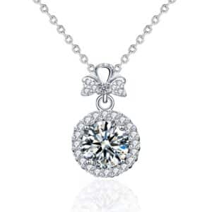 Sobling 925 Sterling Silver DEF 1.0CT round Moissanite Classic style Pendant Necklace with Bowtie bail Collar Women's drop Necklace Fine Jewelry