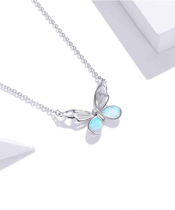 Sobling 18'' 925 Sterling Silver Blue Opal Bttterfly Pendant Necklace for Women Fine Anniversary Jewelry Gifts Length Adjustable