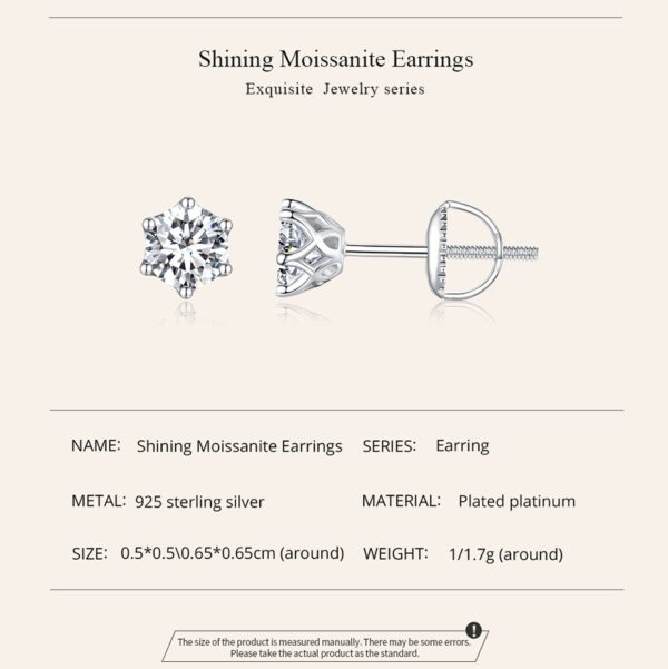 Sobling 1.0CT Round brilliante Moissanite 6 prongs Royal Stud Earring with screw post and earring backs For female 925 Sterling Silver Wedding Gift