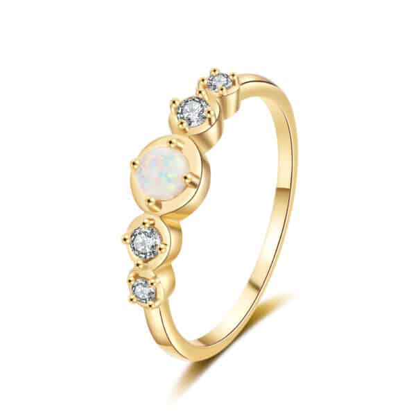 Sobling 18K Yellow Gold 5 stones Ring Engagement Wedding Band with white fire Opal and round CZ for Women 925 Sterling Silver Ring