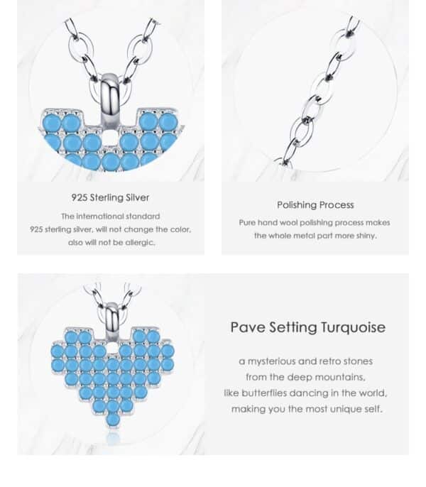 Sobling Real 925 Sterling Silver Vintage Heart shape Mosaic block style synthetic Turquoise Pendant Necklace for Women Family Gifts Fine National Style Jewelry