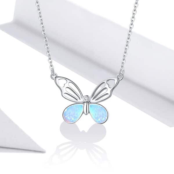 Sobling 18'' 925 Sterling Silver Blue Opal Bttterfly Pendant Necklace for Women Fine Anniversary Jewelry Gifts Length Adjustable