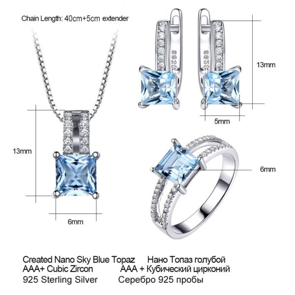 Sobling jewelry manufacturer 925 Sterling Silver Jewelry Set synthetic Nano Aquamarine gemstones Sky Blue princess cut Topaz finger Ring Pendant Stud Earrings box chain Necklace