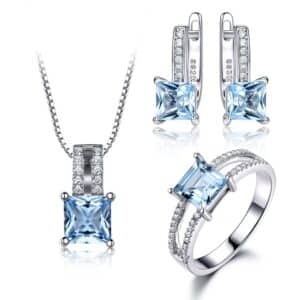 Sobling jewelry manufacturer 925 Sterling Silver Jewelry Set synthetic Nano Aquamarine gemstones Sky Blue princess cut Topaz finger Ring Pendant Stud Earrings box chain Necklace