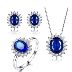 Sobling jewelry manufacturer Sterling Silver Set Nano Blue Sapphire oval Jewelry set with CZ Starlights halo engagement Ring and box chain Pendant Stud Earrings For Women