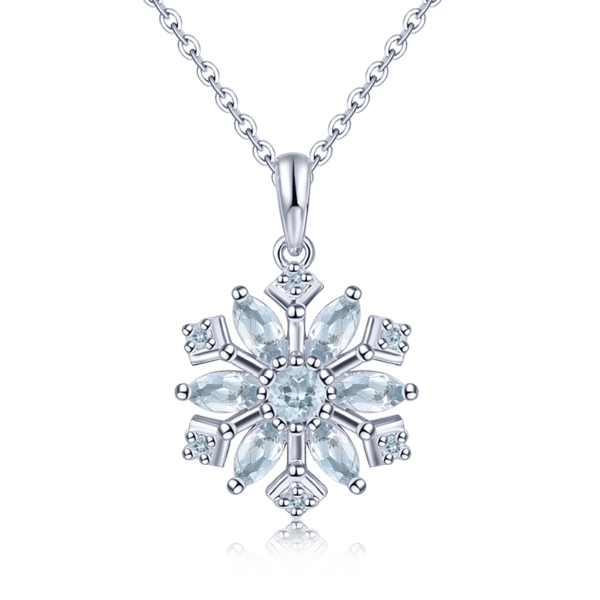 Sobling 92.5% Sterling Silver Ladies Snowflake Pendant sky blue synthetic spinel Necklace with Natural Aquamarine topaz gemstones Simple Light Luxury High Jewelry