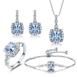Sobling wholesale Nano Sky Blue Topaz 4pcs Jewelry set with Rings Adjustable bolo Bracelet Drop Earrings pendant Necklaces For Women Wedding Gift