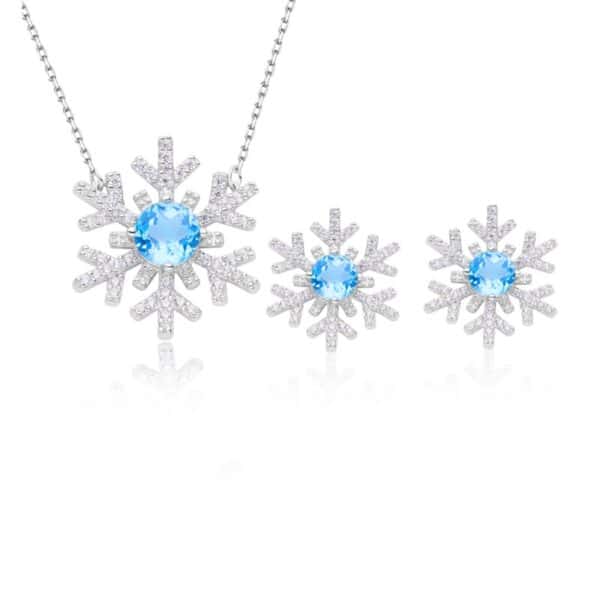 Sobling 925 Sterling Silver Women Natural aquamarine Topaz snowflower Jewelry Set Sky blue spinel pendant and stud earring Anniversary Gift Fine Jewelry